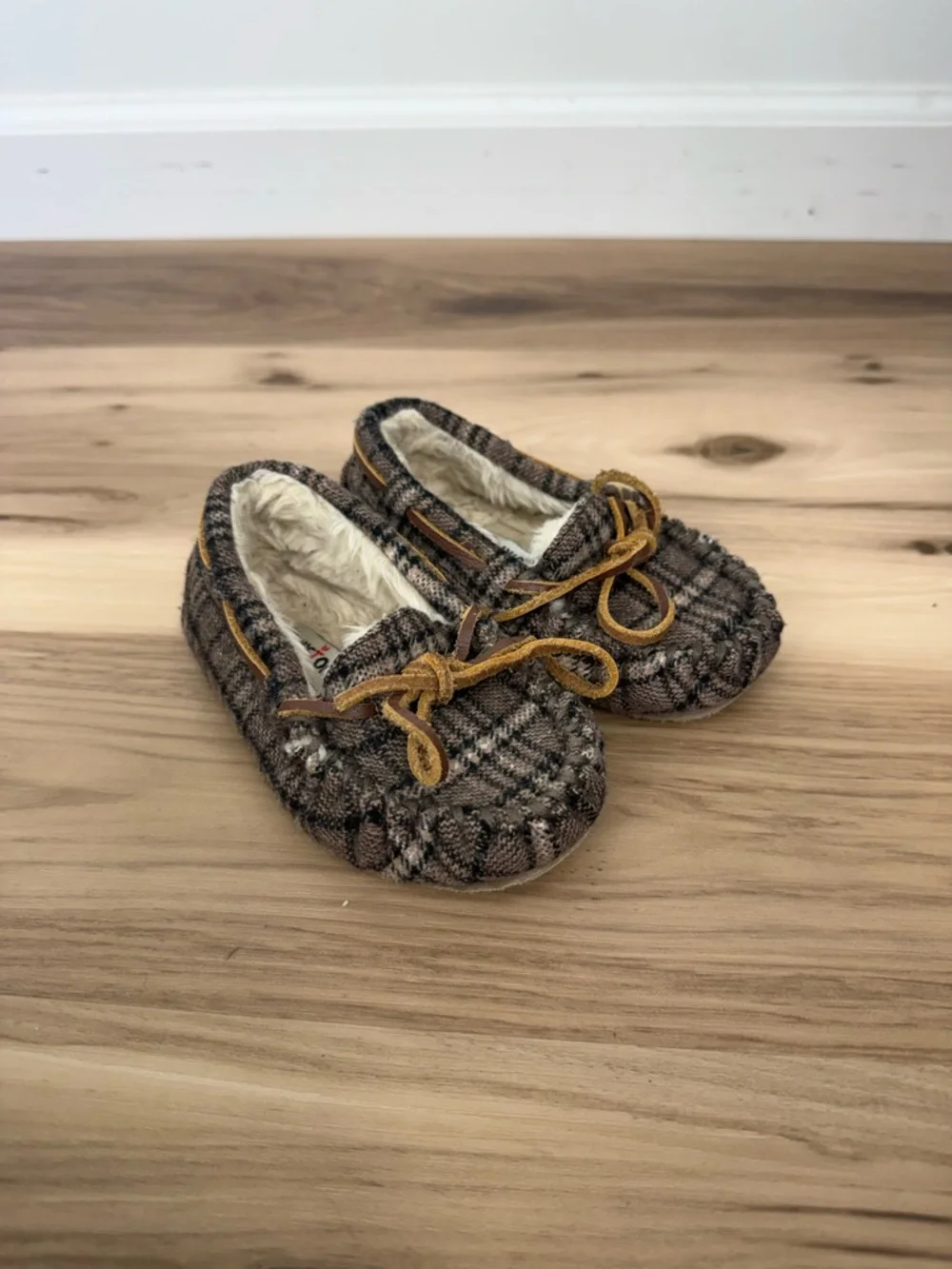 Minnetonka Brown Plaid Kids Moccasin Slippers